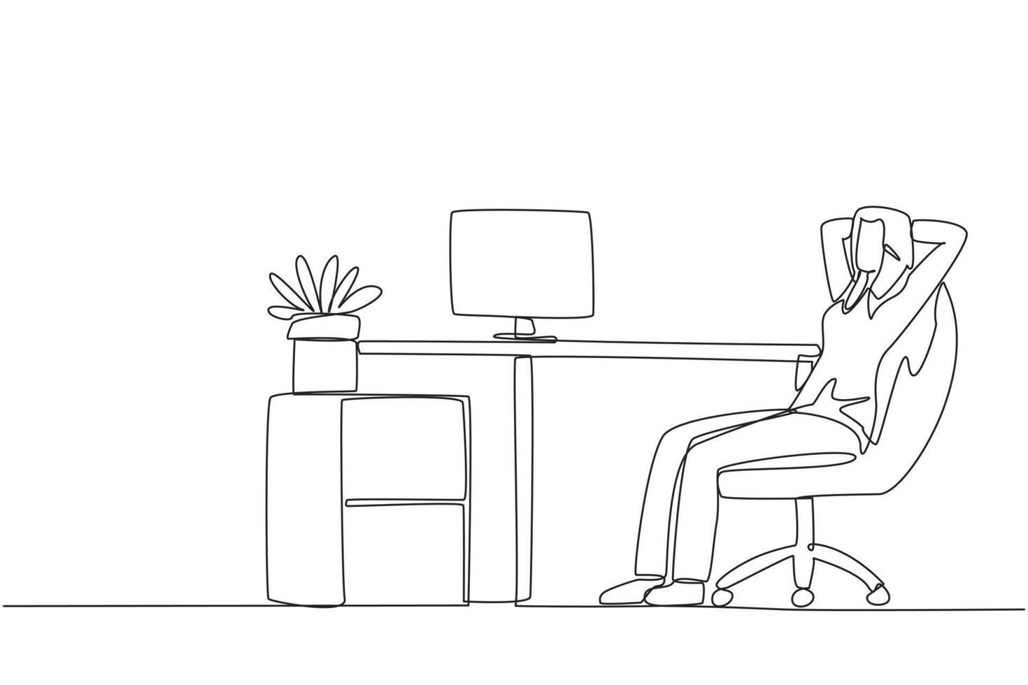 Single one line drawing relaxed woman sitting in a work chair with her hands behind her head. Relax at break time. Monitor work that is still incomplete. Continuous line design graphic illustration vector