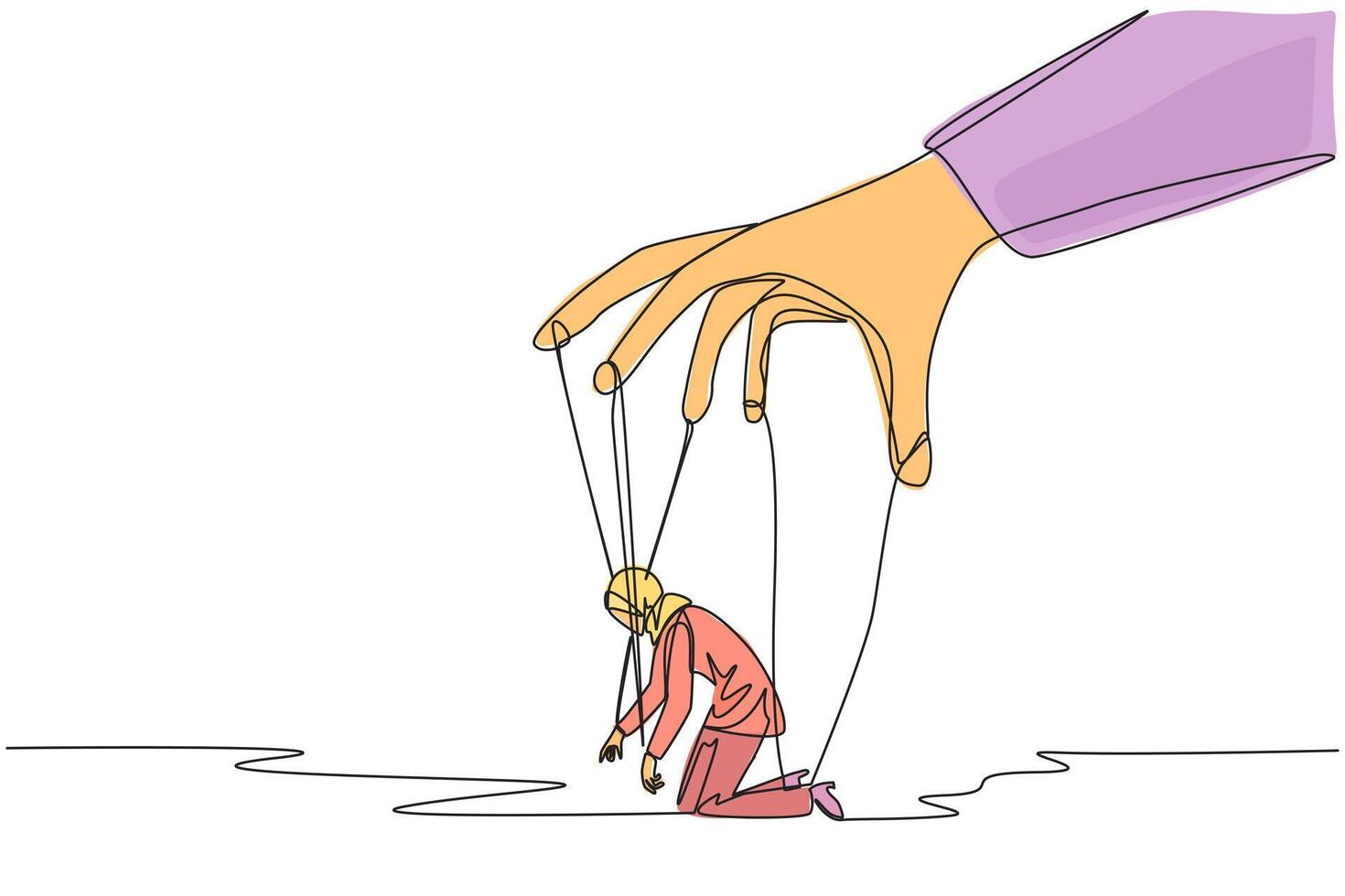 Single one line drawing Arab businesswoman kneel, whole body bound by ropes controlled by giant hands. Without hope. Hopeless. Bankrupt. Like a puppet. Continuous line design graphic illustration vector