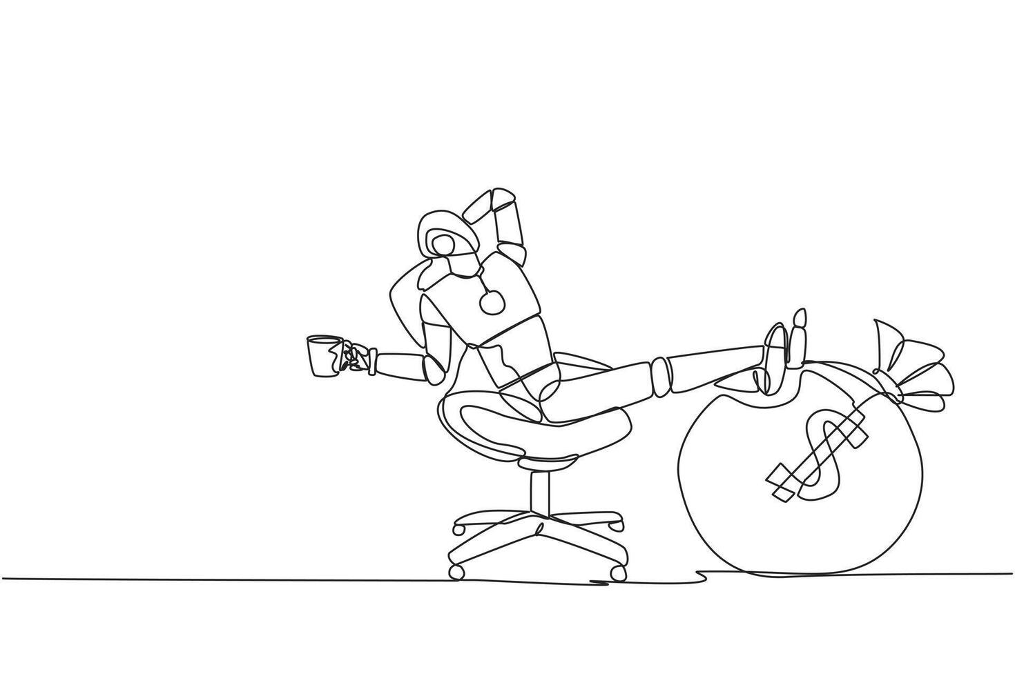 One line drawing of a man sitting on a chair with a bag of money vector