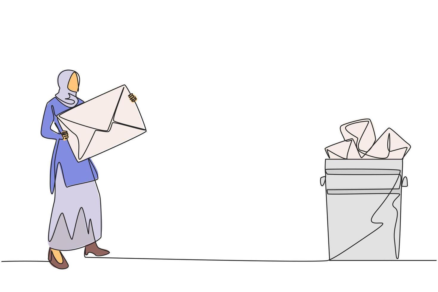 Continuous one line drawing Arab businesswoman throw the large envelope in trash. Delete digital data that is considered unimportant. Prone to data theft. Single line draw design illustration vector
