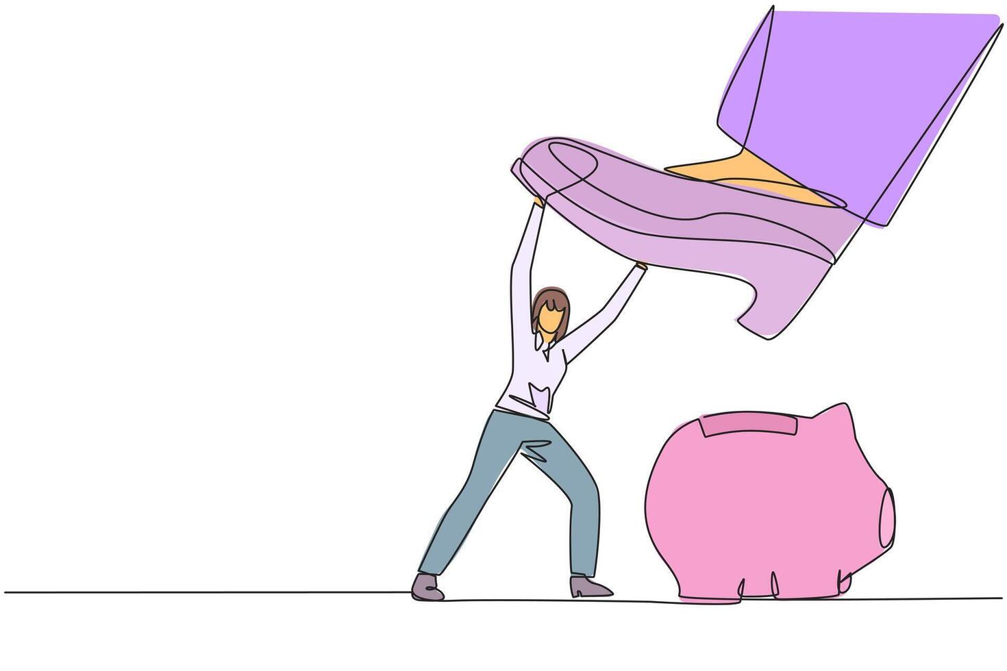 Single one line drawing businesswoman holds back giant foot wants to step on piggy bank. Protect company assets at all costs. In order to maintain profits. Continuous line design graphic illustration vector