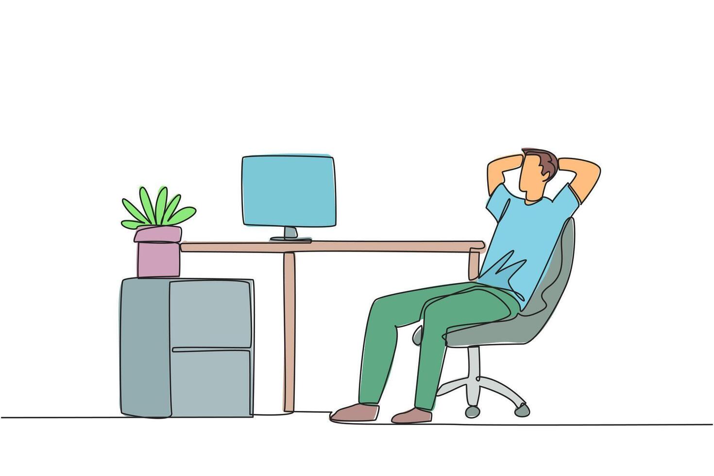 Single one line drawing relaxed man sitting in a work chair with his hands behind his head. Work overtime on weekends. Relax for a moment from busy routine. Continuous line design graphic illustration vector