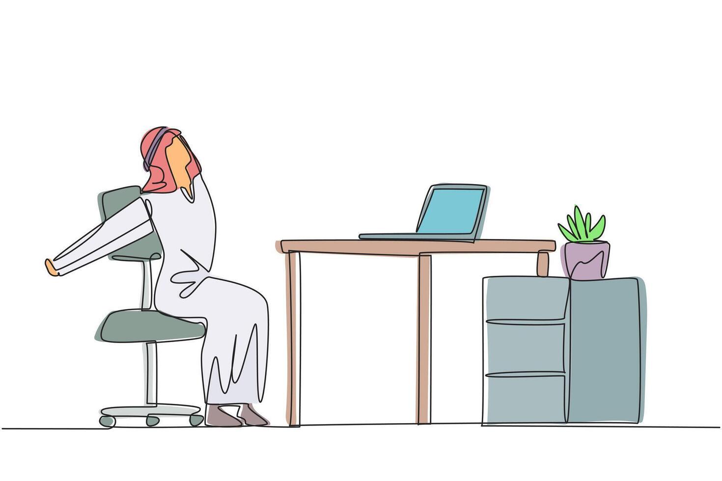 Single continuous line drawing Arab man sitting in work chair stretching arms behind back. Stretching. Squirming. Decided to rest for a while. Overtime on weekend. One line design illustration vector