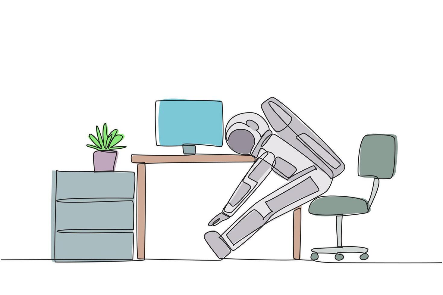 Single one line drawing astronaut sits in work chair with his legs straightened, hands hold legs. Relax. Stretch because the foot feel sore. Cosmonaut. Continuous line design graphic illustration vector