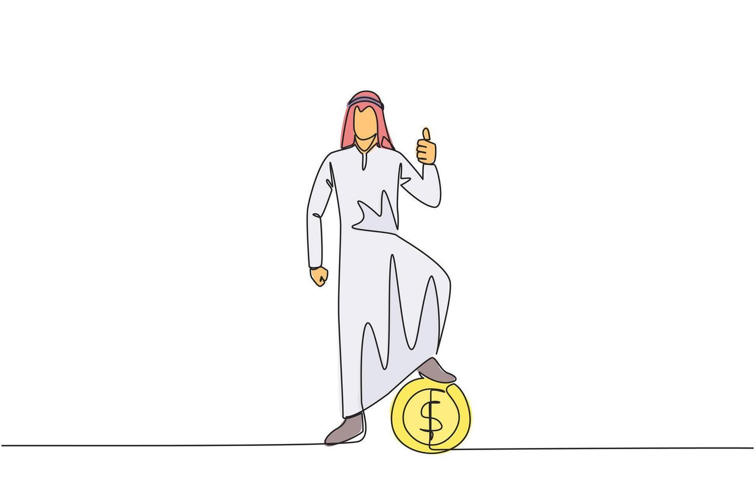 Single one line drawing Arabian businessman stands in a thumbs up pose and steps on a large coin with a dollar symbol. The small capital for big profits. Continuous line design graphic illustration vector