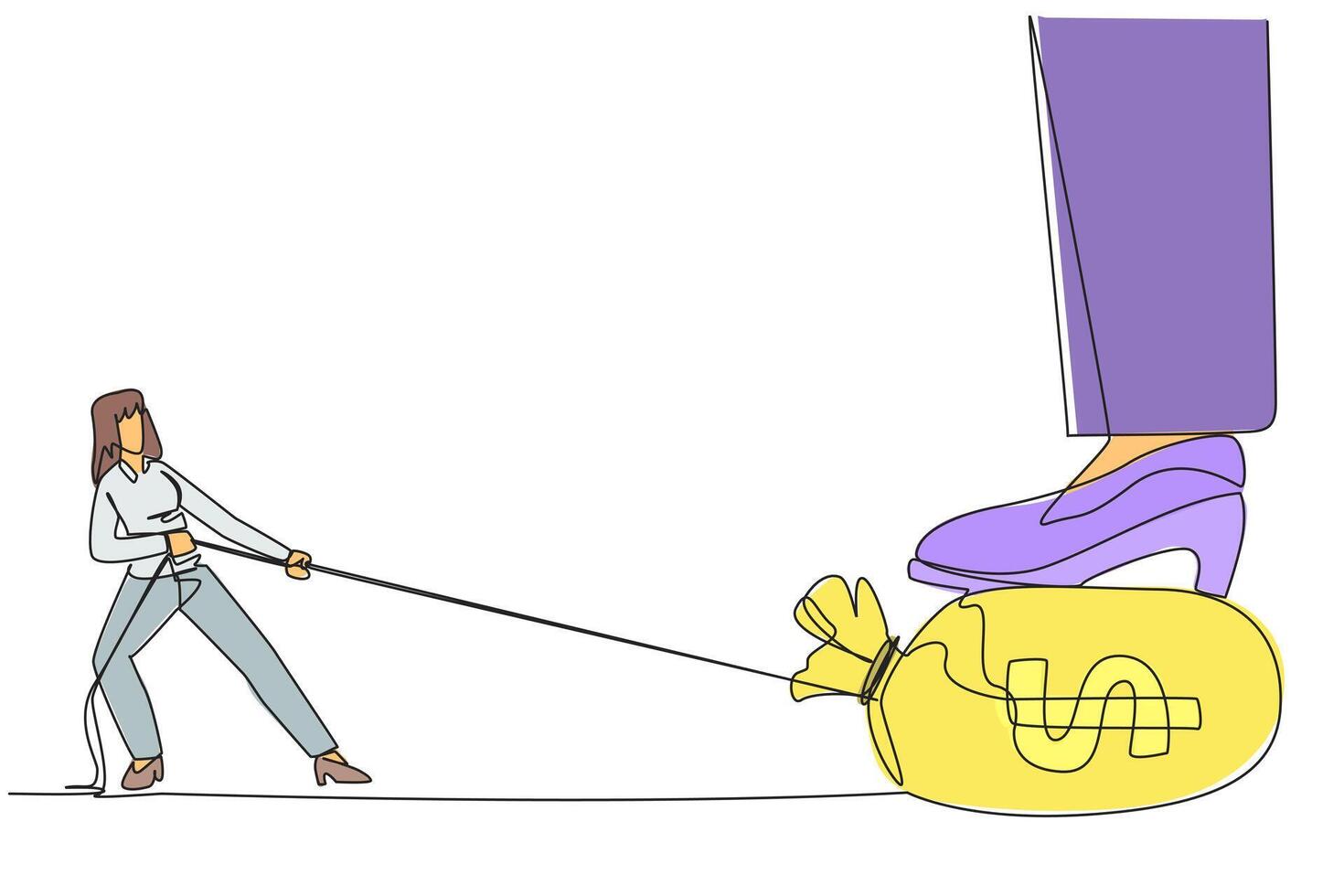 Continuous one line drawing businesswoman tries to take the money bag with the rope. Greedy unwise investor. Withholding bonuses. Gain personal benefits. Single line draw design illustration vector