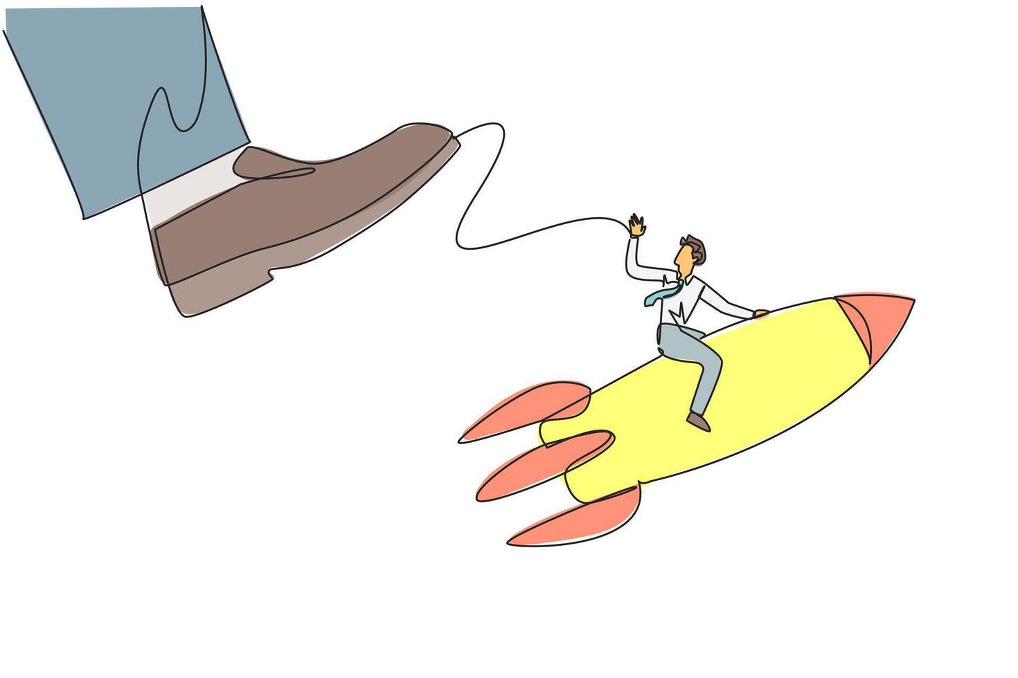 Single continuous line drawing businessman riding a rocket flies away from the giant foot. Redirection. The struggle to keep the business flying high. Profitable. One line design illustration vector