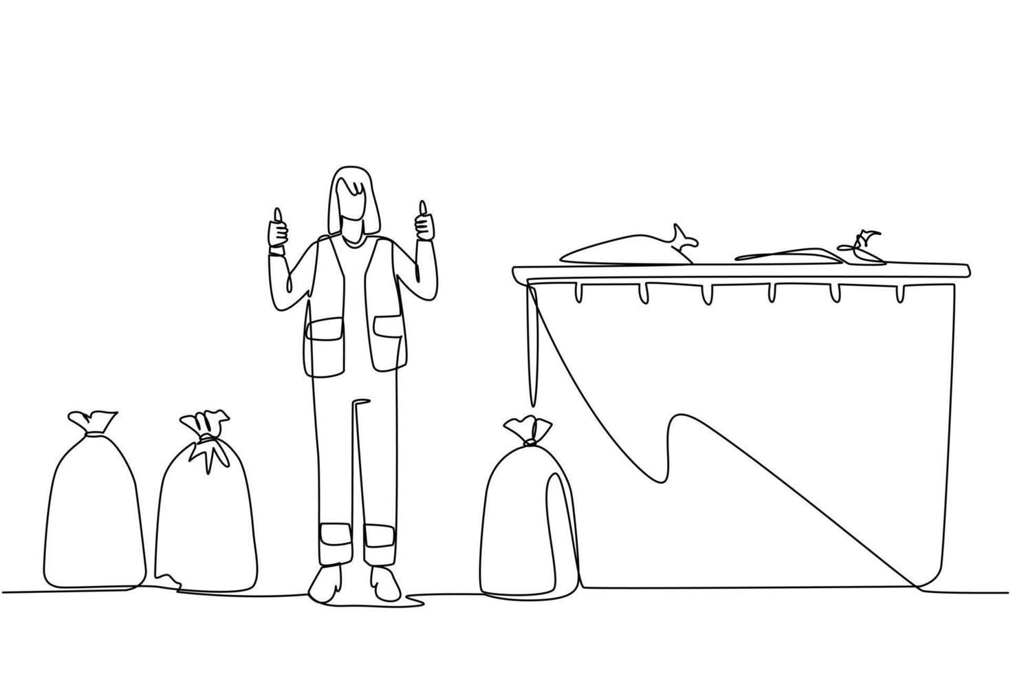 Continuous one line drawing trash woman stands with a thumbs up gesture between trash bags. Code for completing job. Keep the environment clean. Good job. Single line draw design illustration vector