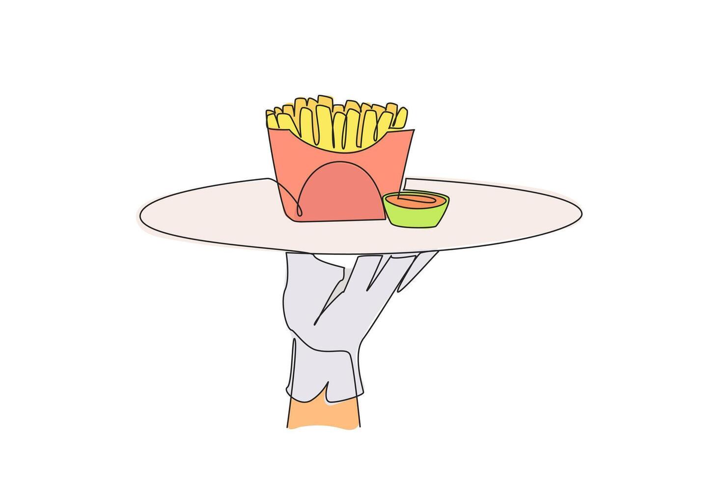 Single one line drawing the waiter holds a food tray serving french fries. A dish made from shredded potatoes. Snack. Complementary food to the main menu. Continuous line design graphic illustration vector