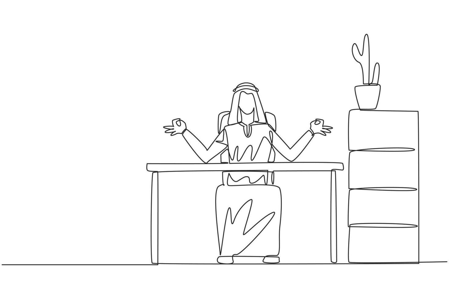 Continuous one line drawing Arab man sitting in work chair with his fingers rounded. Relaxing. Eliminate stress due to overtime on long weekend. Stretching. Single line draw design illustration vector