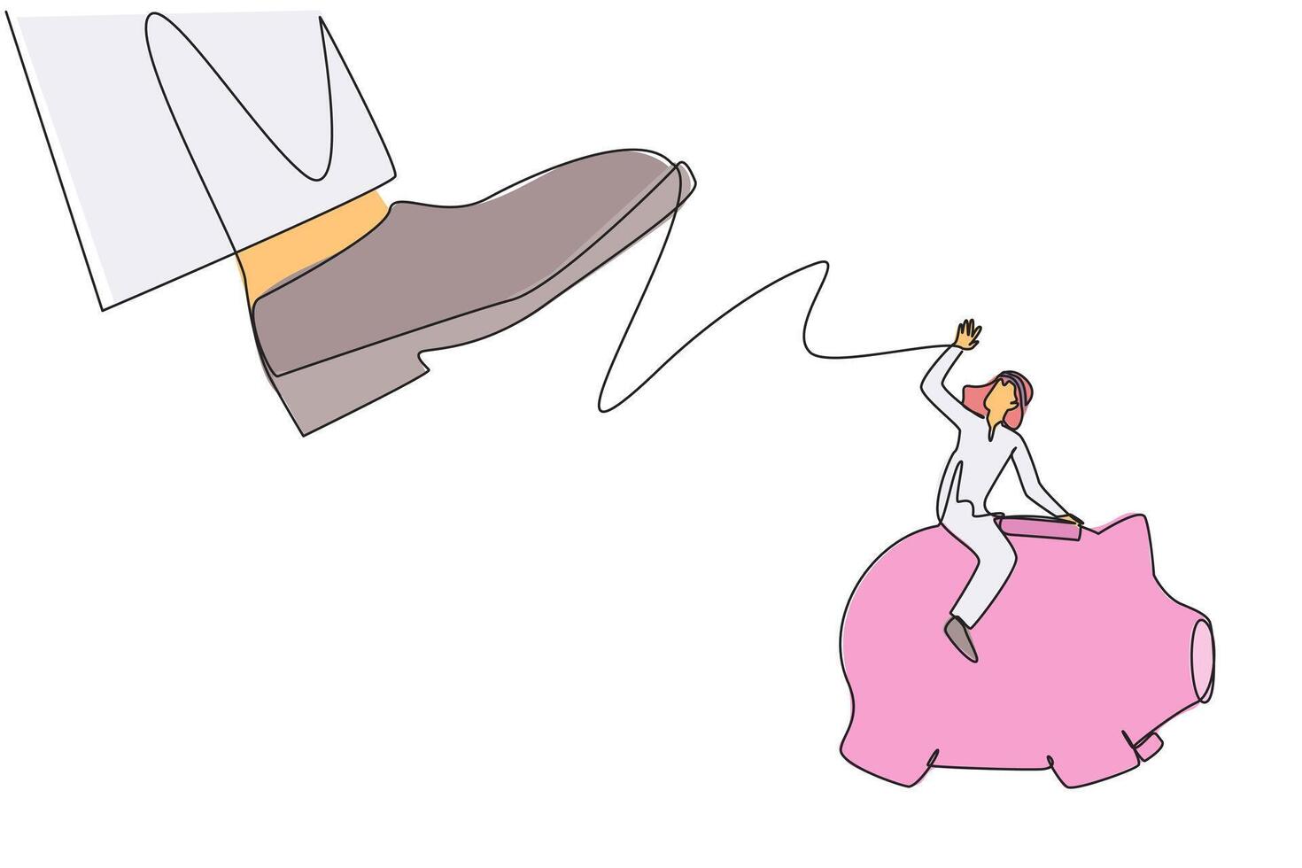 Single continuous line drawing Arabian businessman riding a piggy bank runs away from giant foot. Moving quickly saves assets and profits. For a better future. One line design illustration vector