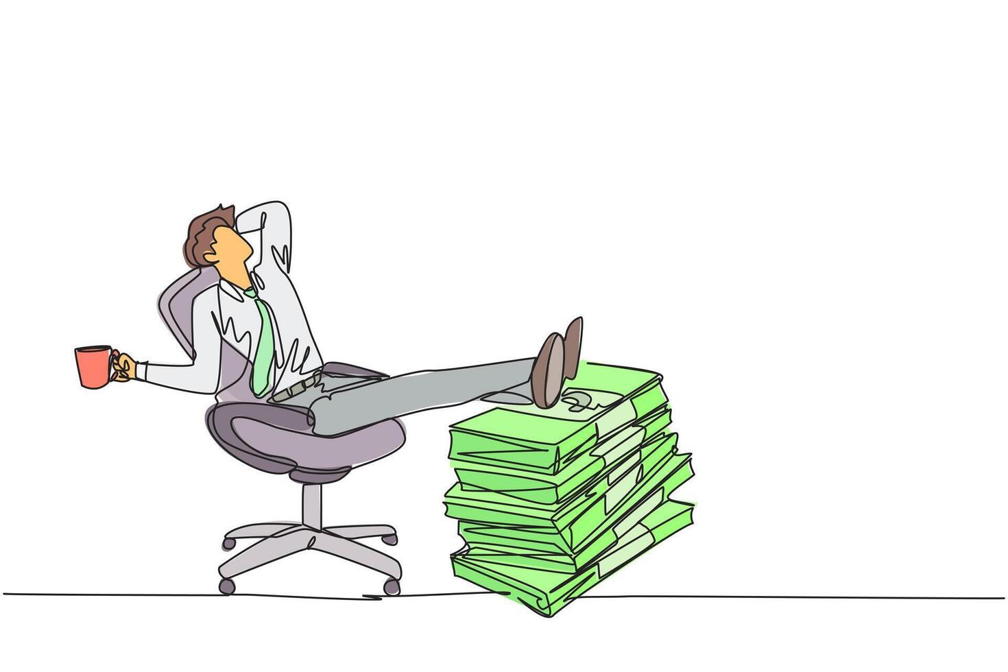 Single continuous line drawing businessman sitting relaxed in a work chair while holding mug. Foot resting on stacks of banknotes. Get lots of benefits. Profitable. One line design illustration vector