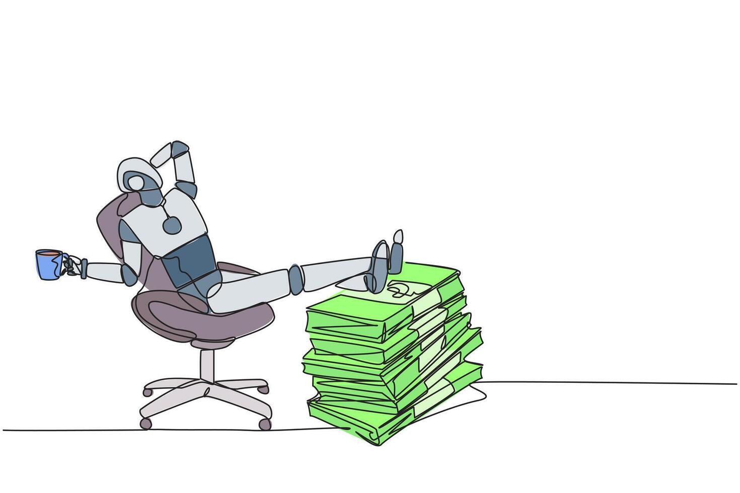 Continuous one line drawing robot sitting on a work chair holding mug. Foot resting on stacks of banknotes. The most successful and richest robot. Future. Single line draw design illustration vector