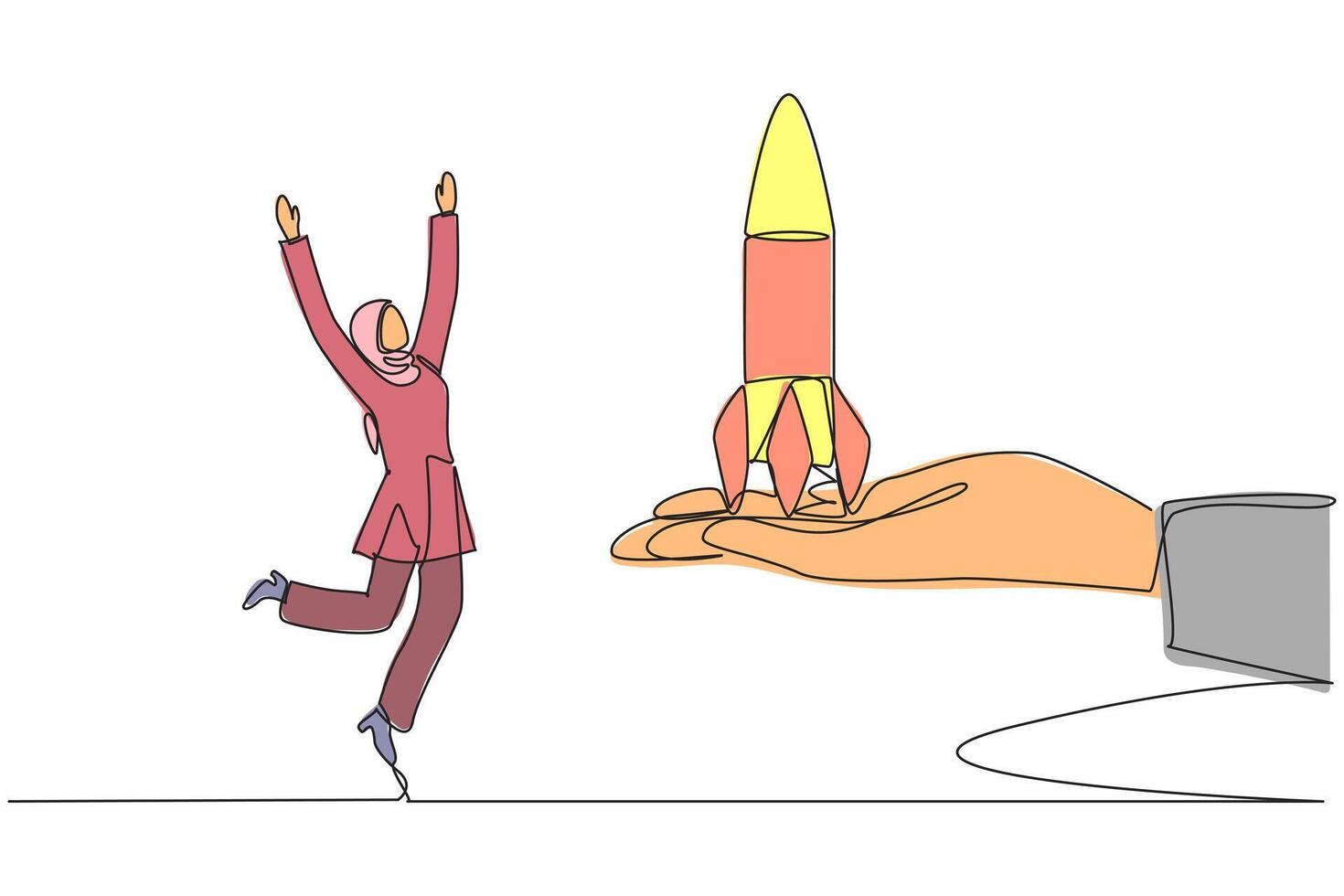 Continuous one line drawing Arabian businesswoman happy to get rocket from a giant hand. Prestigious achievement. Rapid business profits. Brilliant career. Single line draw design illustration vector