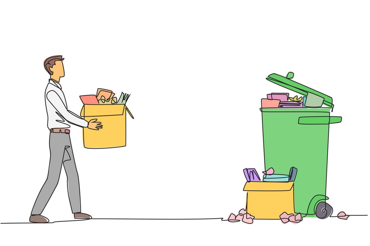 Continuous one line drawing businessman carrying cardboard box full of piles of paper to trash. Throw away unnecessary things. Focus on increasing profits. Single line draw design illustration vector
