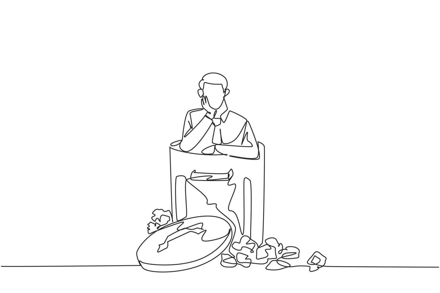 Continuous one line drawing businessman is in the trash. Poor mentality. Down in the dumps. Bankrupt. Helpless. Business is not making a profit. Frustrated. Single line draw design illustration vector