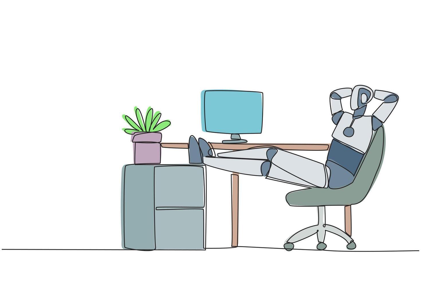 Single one line drawing robot sits in work chair with his hands behind head and his legs raised on work desk. Worker robot. Can feel tired. Relax. AI. Continuous line design graphic illustration vector