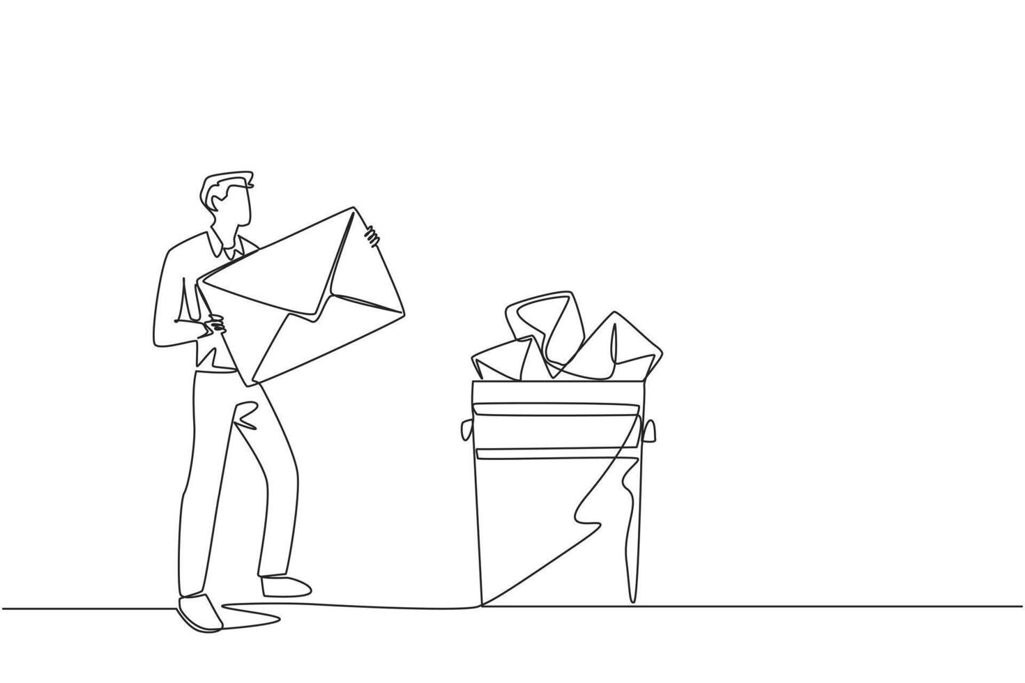 Continuous one line drawing businessman throw large envelope in trash. Throw away many application letters that do not meet the requirements. Job seekers. Single line draw design illustration vector