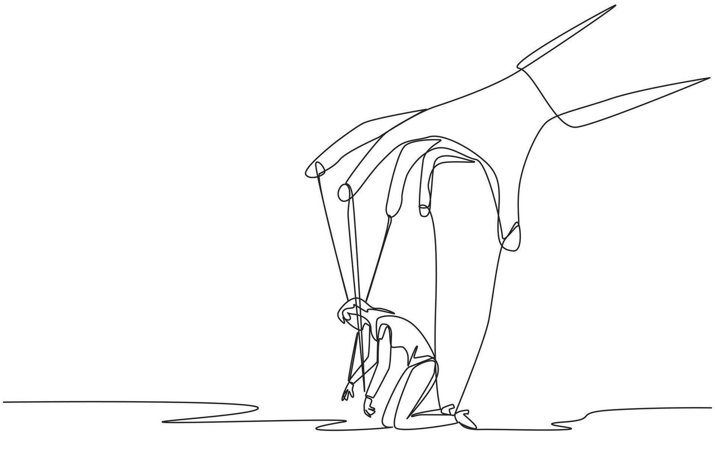 Single one line drawing businesswoman kneel, whole body bound by ropes controlled by giant hands. Captive. Hostage. Helpless. Losing business. Puppet. Continuous line design graphic illustration vector