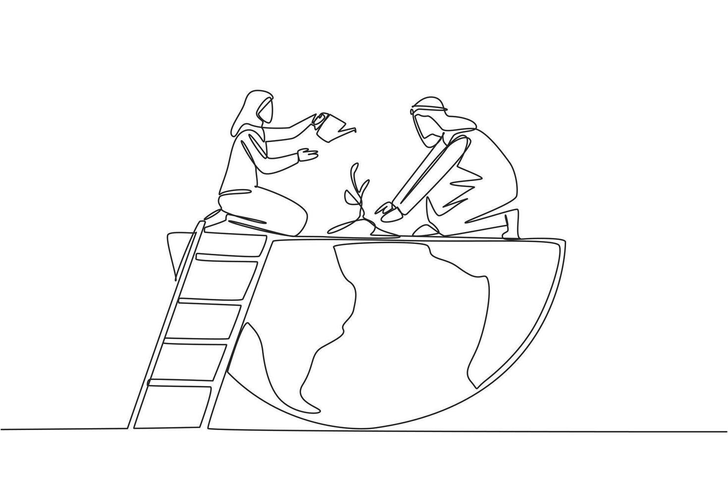 Continuous one line drawing Arab man and Arab woman work together to plant trees. Together protect the earth. Do whatever it takes to keep the earth green. Single line draw design illustration vector