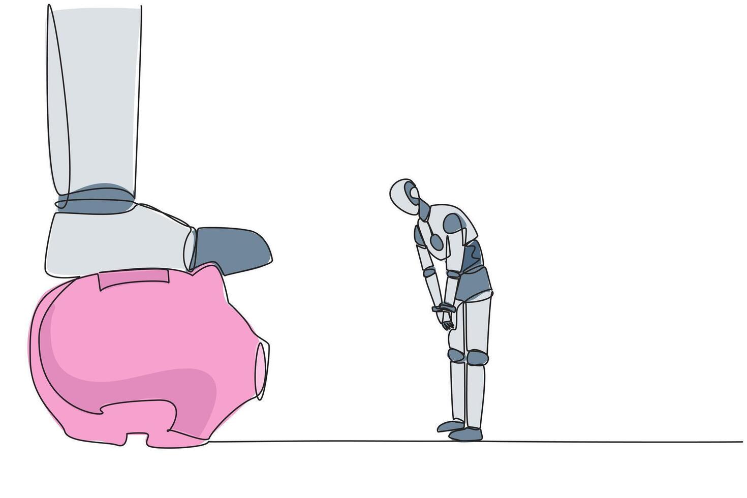 Single continuous line drawing a new robot nodded in front of giant foot that stepped on the piggy bank. Good learning robot. Learn to invest. Future technology. One line design illustration vector