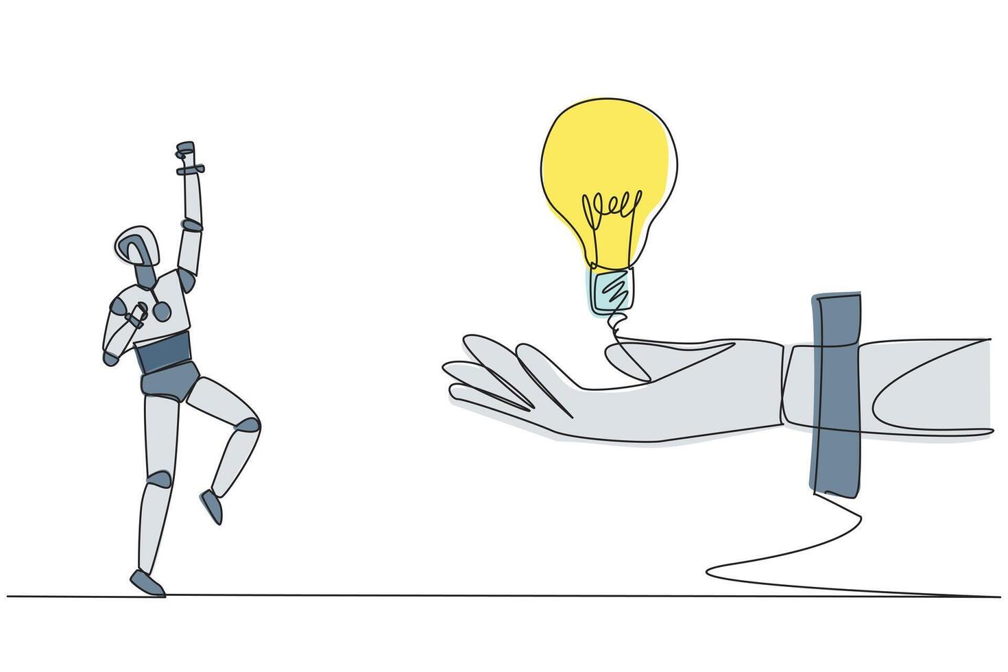 A robot is holding a light bulb and a hand is reaching out to it vector