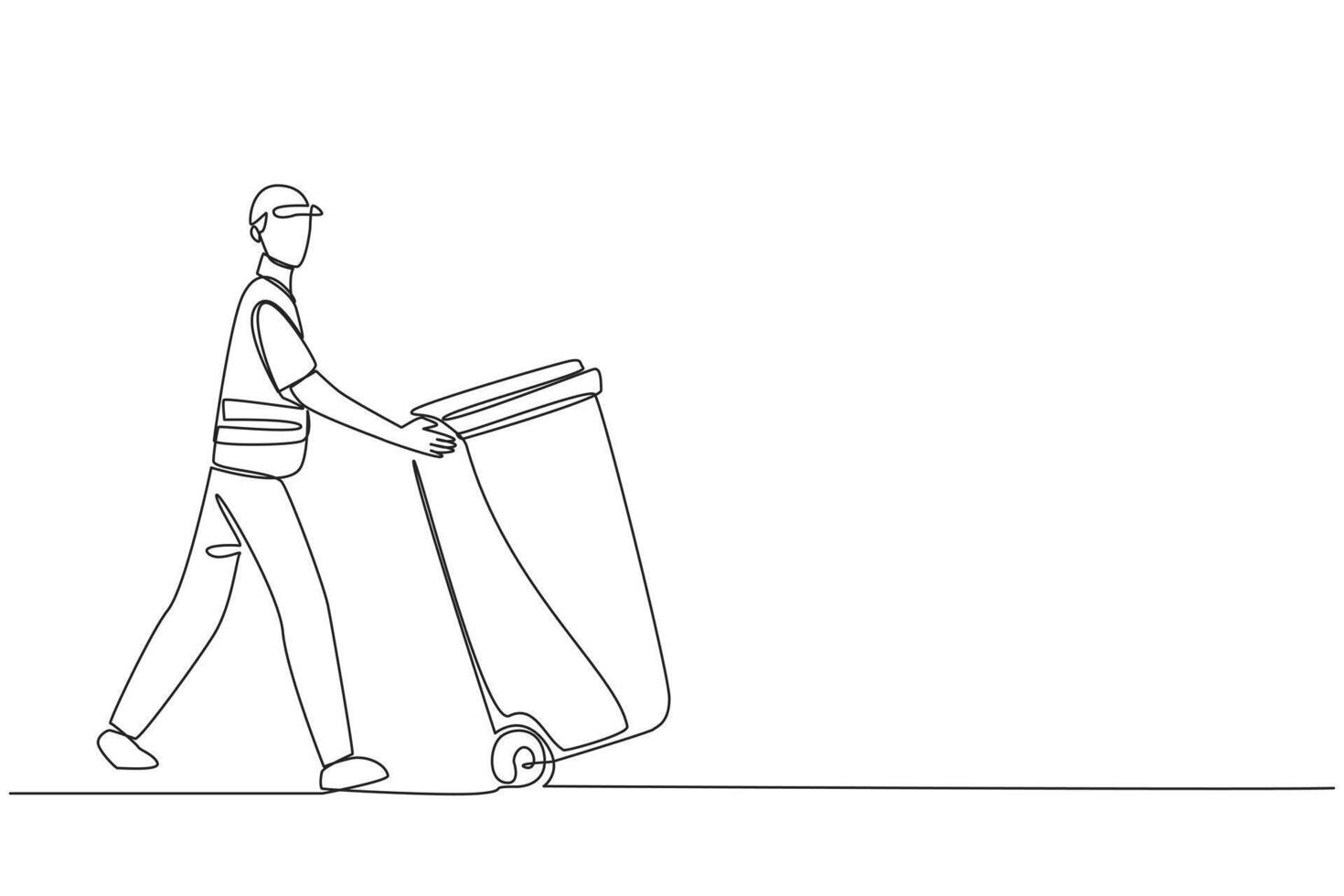 Single one line drawing trash man pushing a wheeled trash can. Side job is volunteering to keep environment clean. Remain highly dedicated. No pollution. Continuous line design graphic illustration vector
