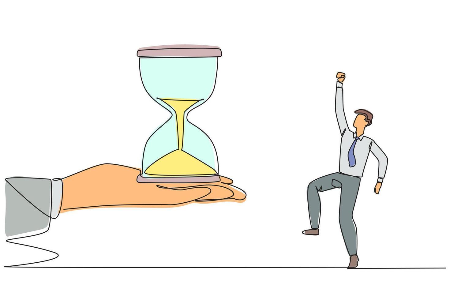 Continuous one line drawing the businessman was excited to get the hourglass from the giant hand. Concern about deadlines. Teamwork makes everything easier. Single line draw design illustration vector