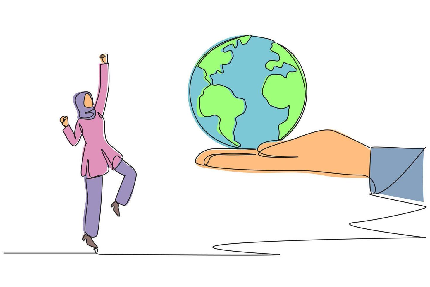 Single one line drawing Arabian businesswoman is excited to get the globe from giant hand. Good news. Successfully expanded the company network. Growing. Continuous line design graphic illustration vector