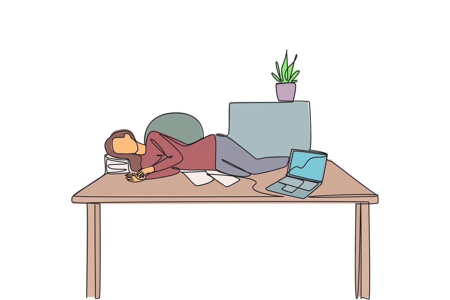 Single continuous line drawing woman fell asleep on the table with a pillow from a pile of papers. Too tired. Sleeping lying on the work desk. Hectic. Overtime. One line design illustration vector