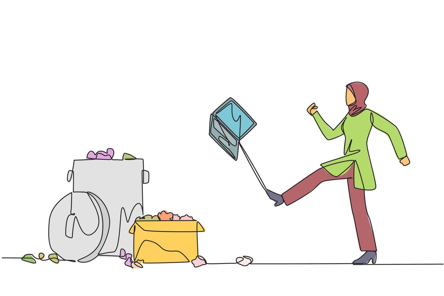 Single continuous line drawing angry Arab businesswoman kicked the laptop into the trash. Venting emotions fails to achieve profit targets. Temperamental. Broken. One line design illustration vector