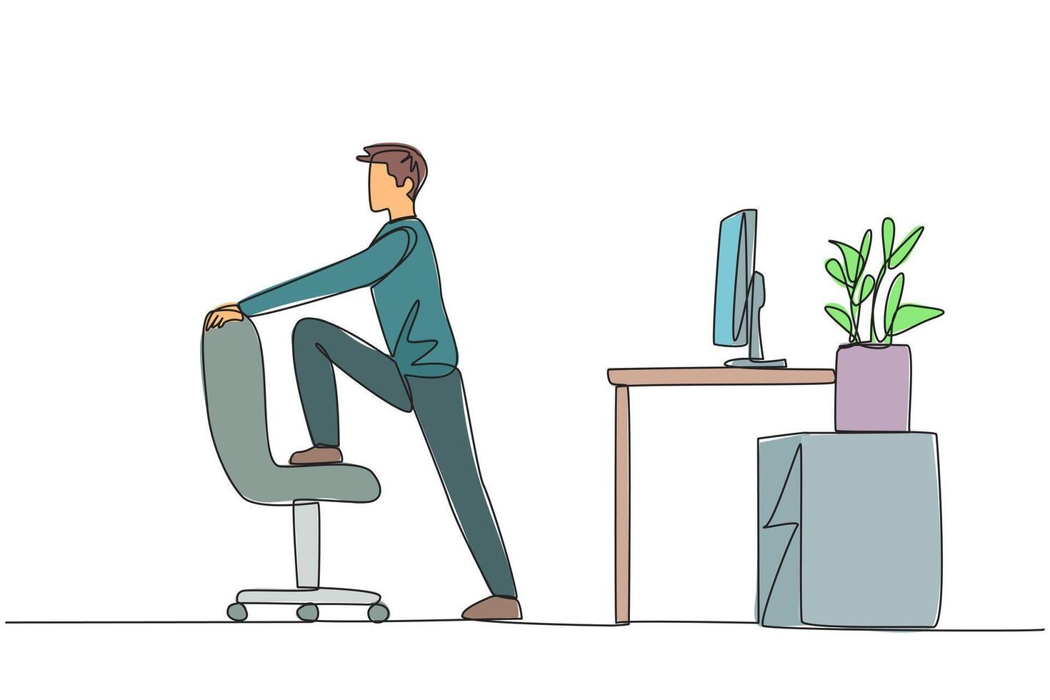 Man doing exercises on chair in office vector