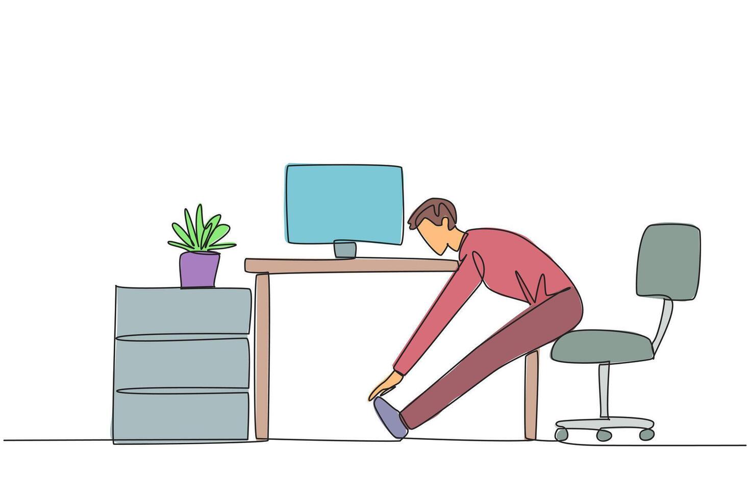 Man stretching his leg at desk, office, office worker, office worker, office worker, office vector