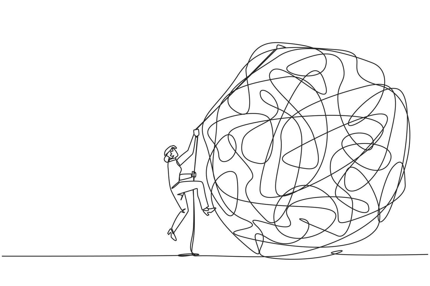 Continuous line drawing of a man pushing a large ball of paper vector