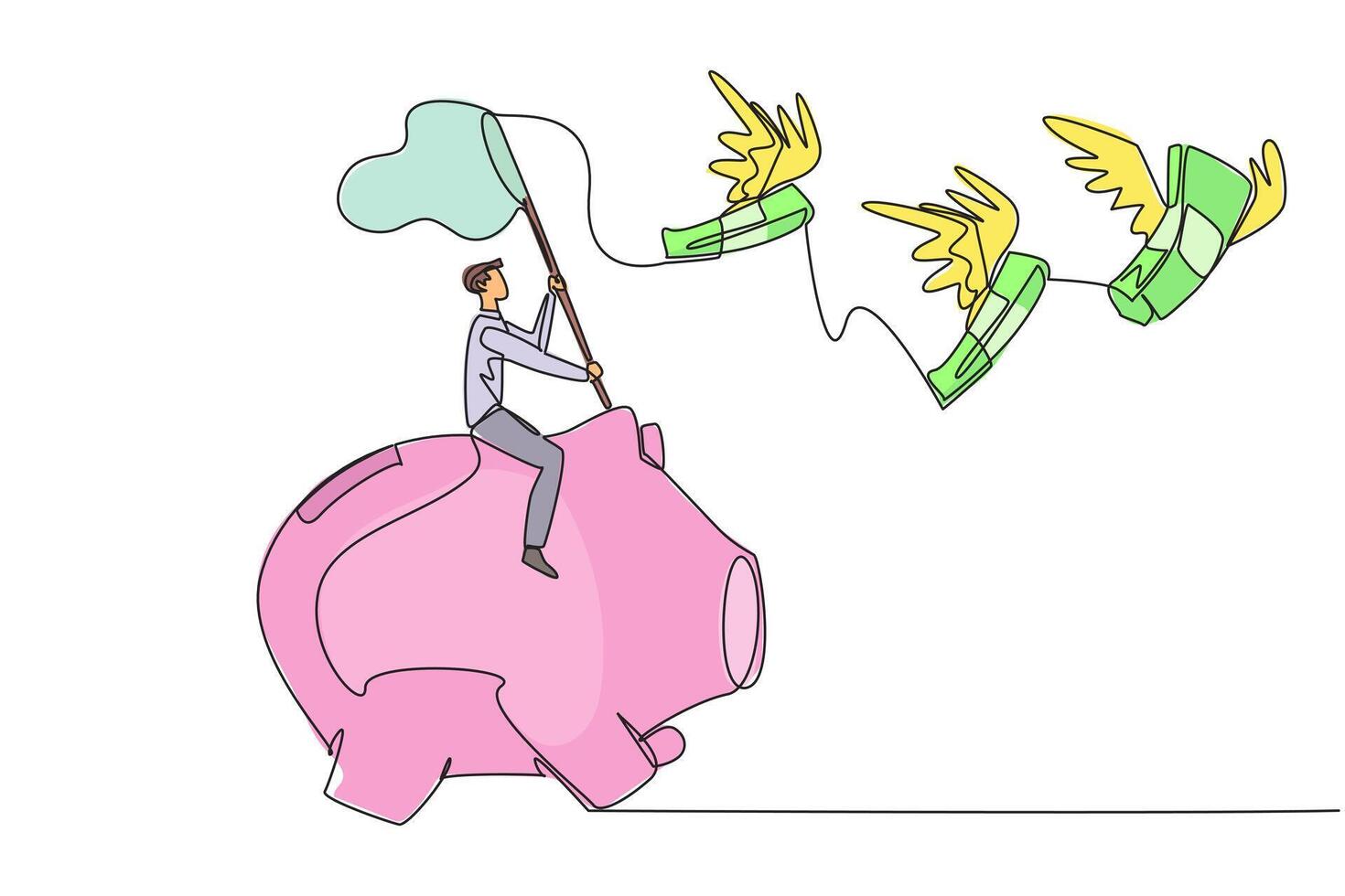 Continuous one line drawing businessman riding piggy bank catching flying banknotes. Hit by financial crisis. Financial problem. No profit yet. Extra work. Single line draw design illustration vector