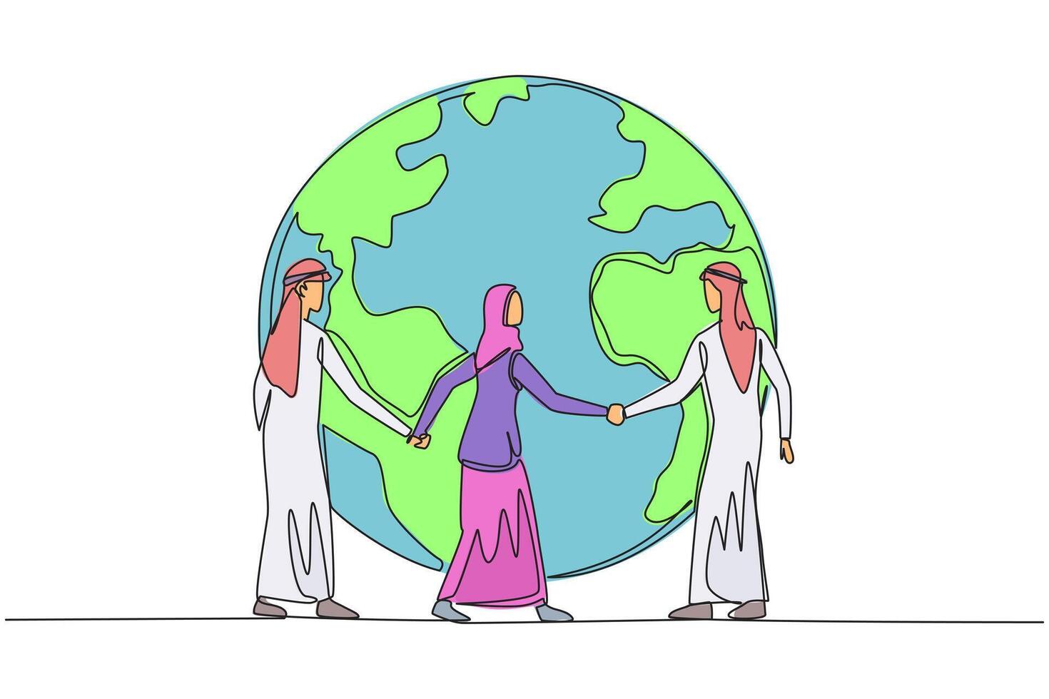 Single one line drawing group of Arabian men and Arabian woman standing arm in arm around a globe. Take part in preserving nature. Green the earth. Protect. Continuous line design graphic illustration vector