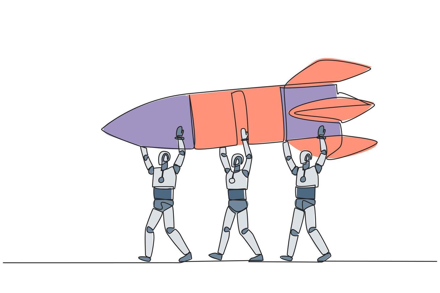 Single continuous line drawing a group of robots work together carrying a rocket. New branch. Managed reliably by the smartest robots. Profit. Future technology. One line design illustration vector