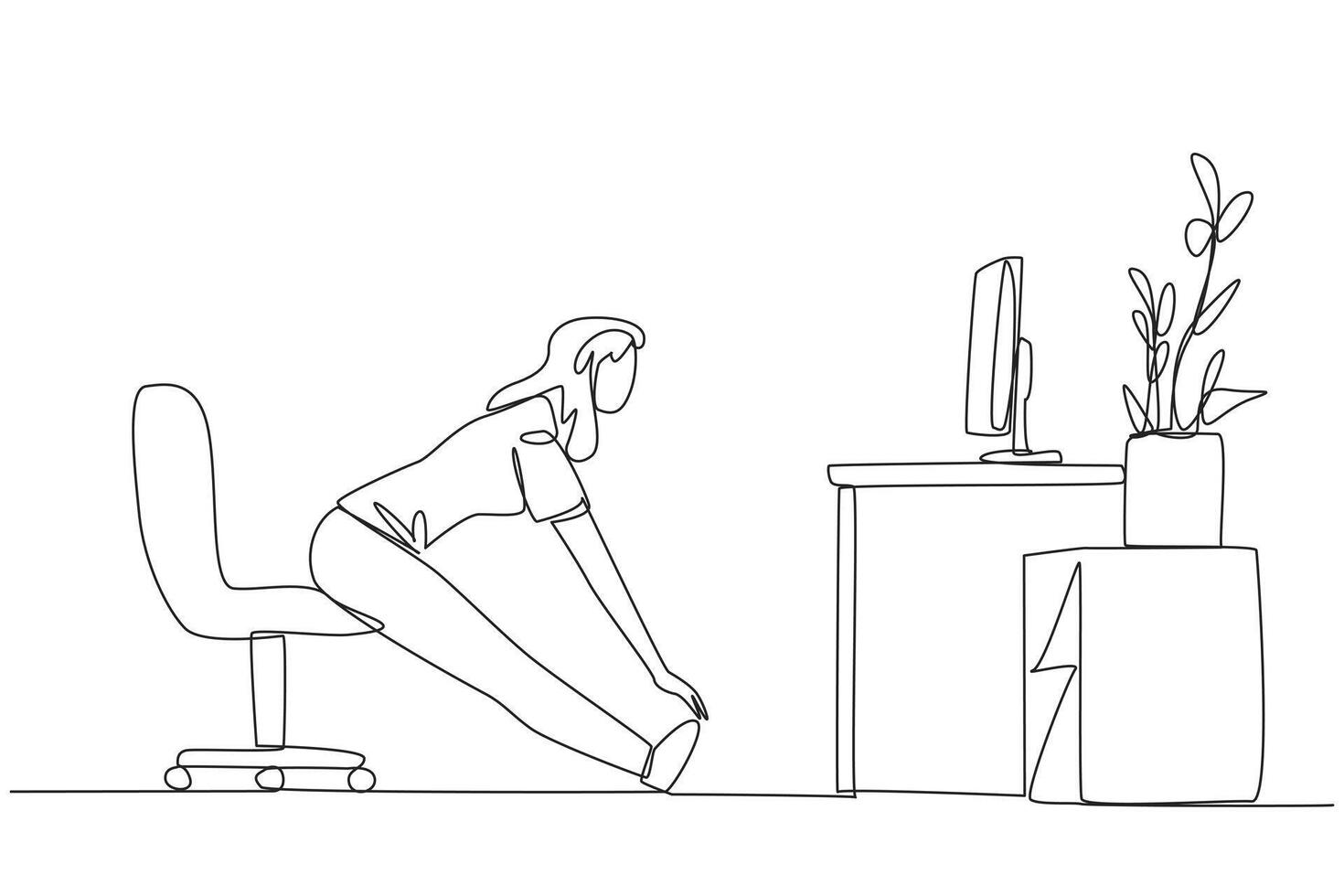 Single continuous line drawing woman sitting in work chair with legs straightened. Exercise following the instructions on the screen. Relaxing during work. Calm. One line design illustration vector