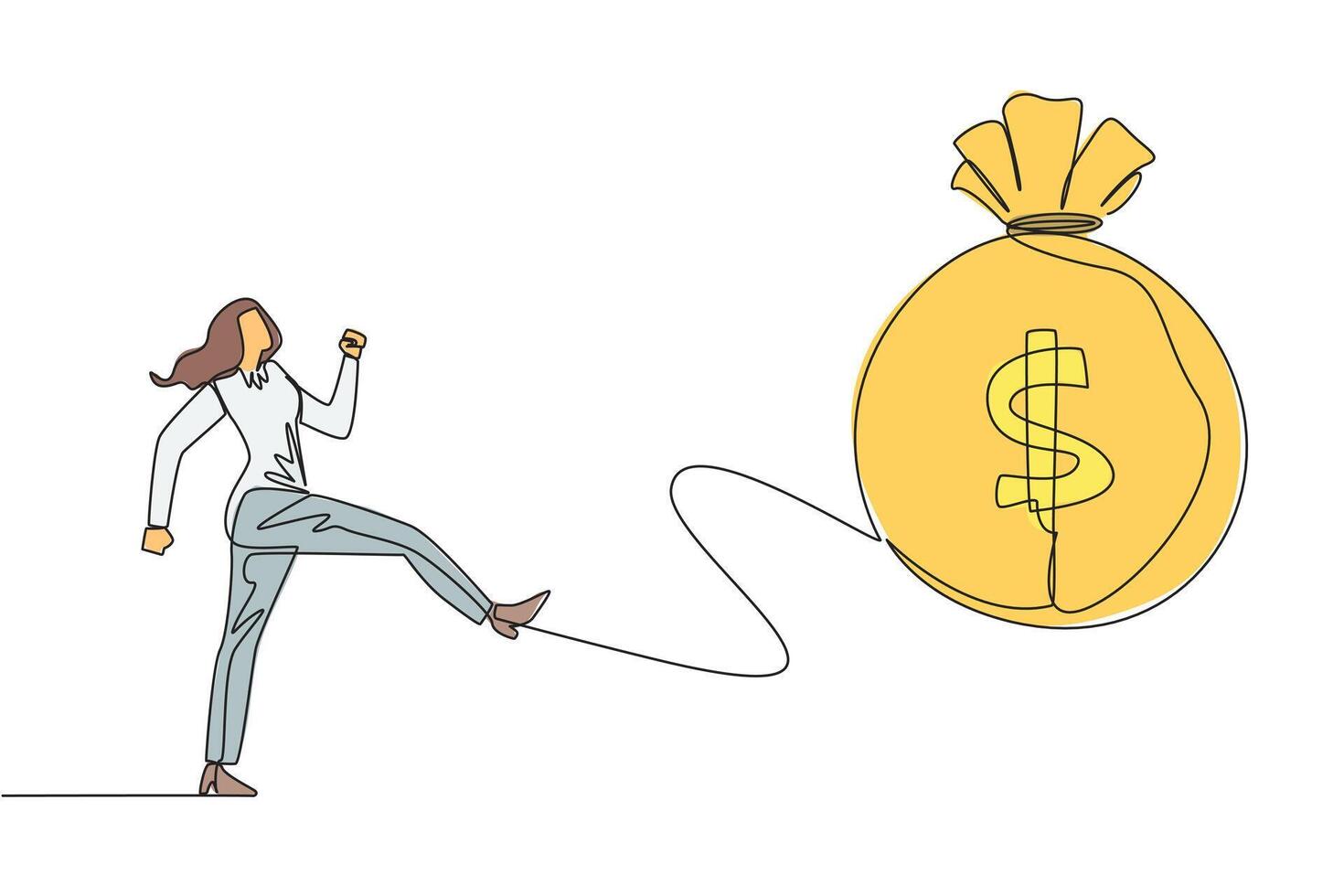 Single continuous line drawing businesswoman kicking the money bag. Pointless anger. Wasting a lot of capital without making a profit. No investments are empowered. One line design illustration vector