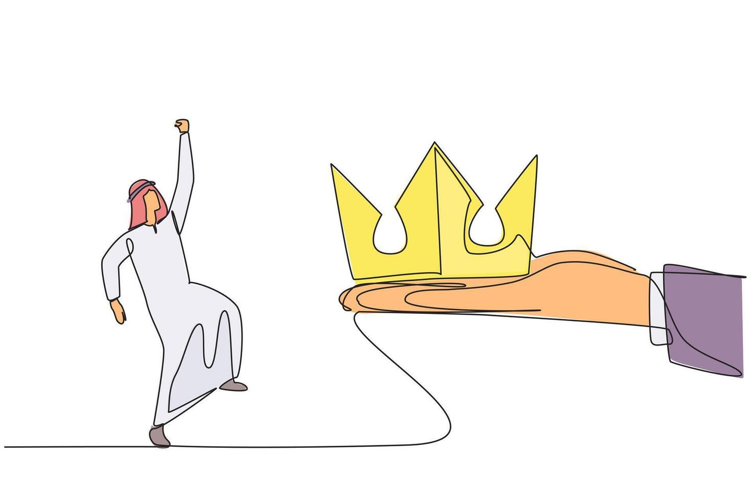 Single continuous line drawing Arabian businessman happy to get the crown from the giant hand. Symbol of the royal throne. Successor to the success of the company. One line design illustration vector