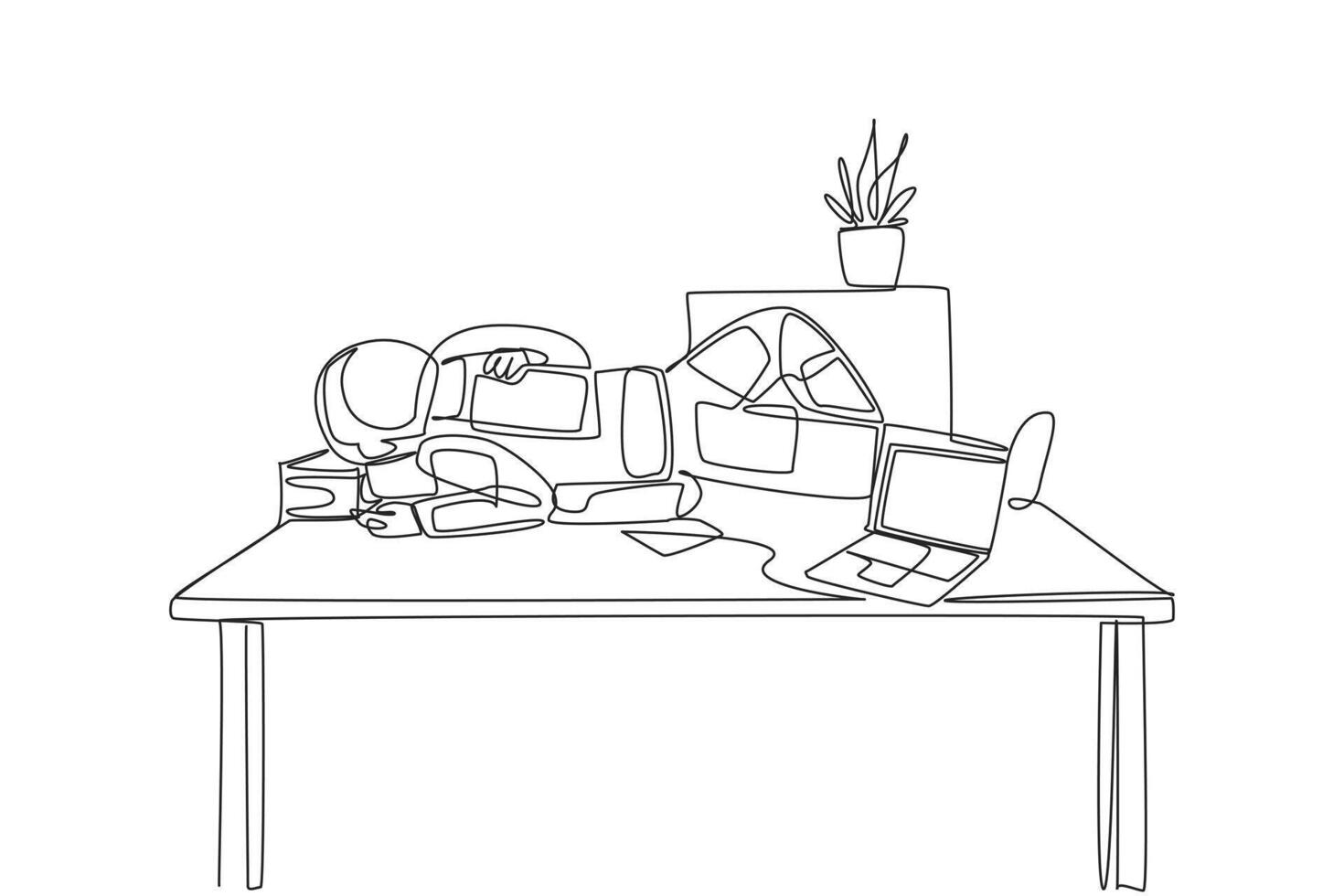 Single continuous line drawing astronaut fell asleep on table with pillow from a pile of papers. Fatigue. Preparing for expedition takes a lot of energy and time. One line design illustration vector