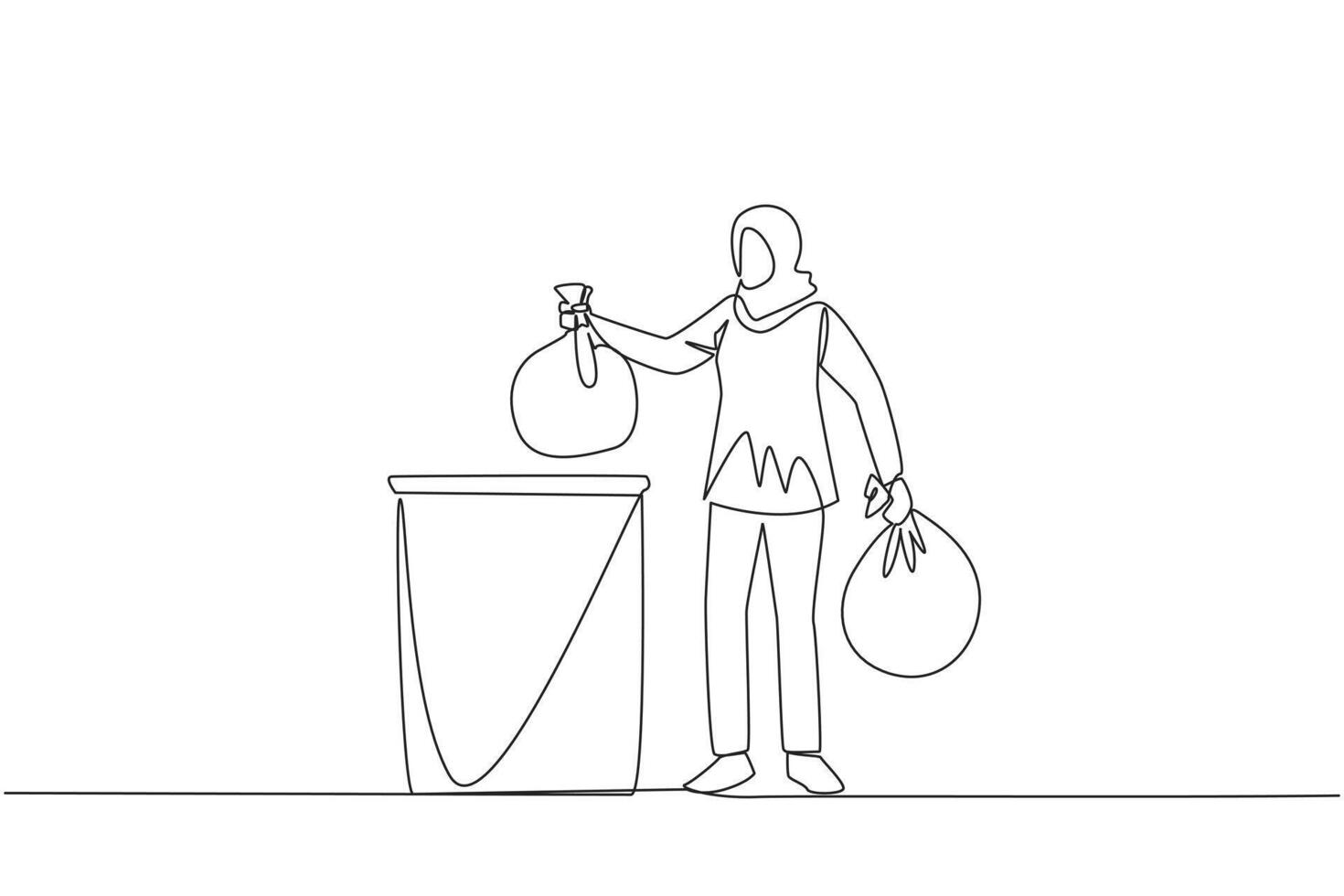 Single one line drawing Arab woman puts trash bag into trash can. Environmental care. Protecting environment is an individual obligation. Air fresh clean. Continuous line design graphic illustration vector