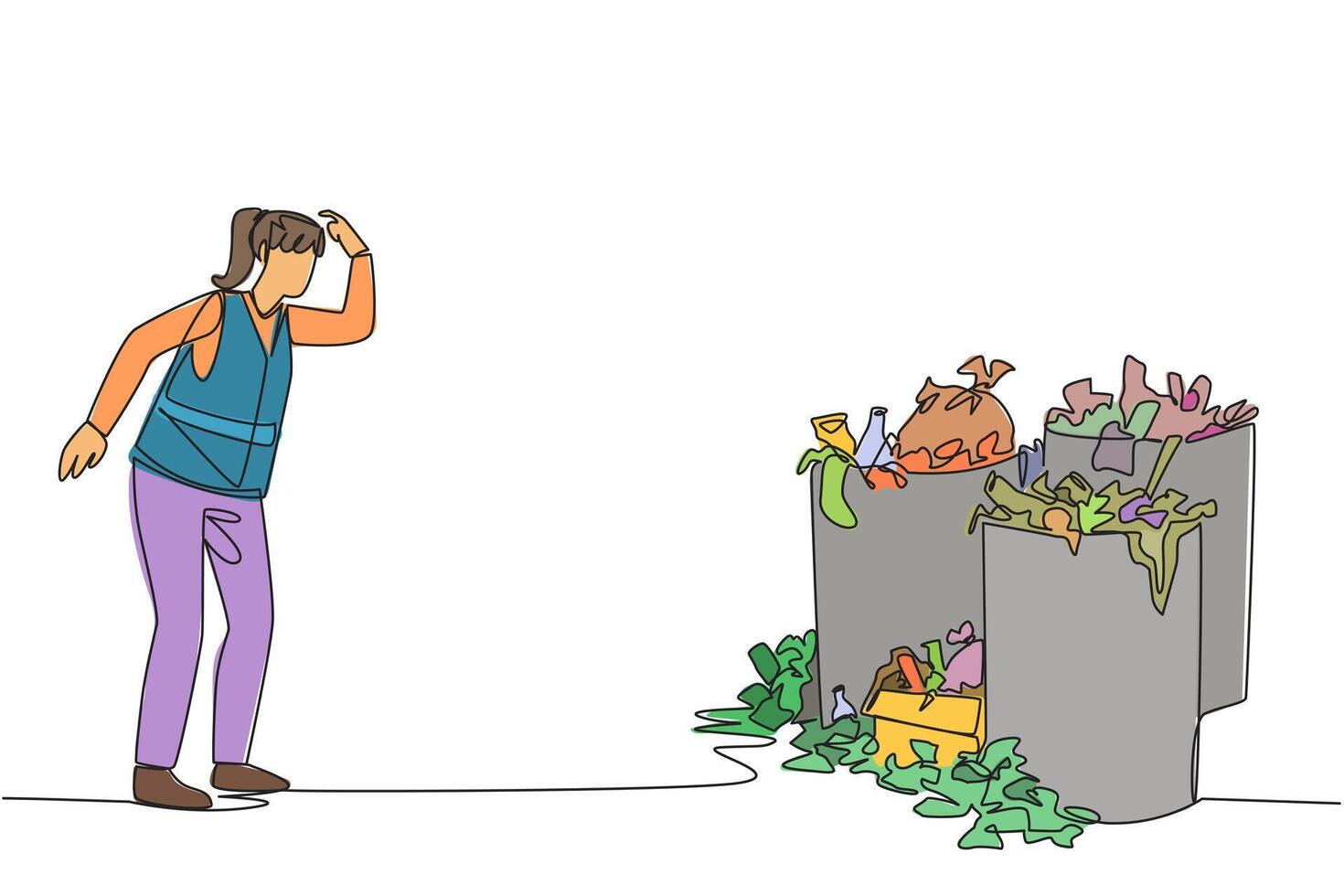 Single one line drawing trash woman scratched head looking at several trash cans full. Final waste dumps are full. Household waste also piles up. Confusion. Continuous line design graphic illustration vector