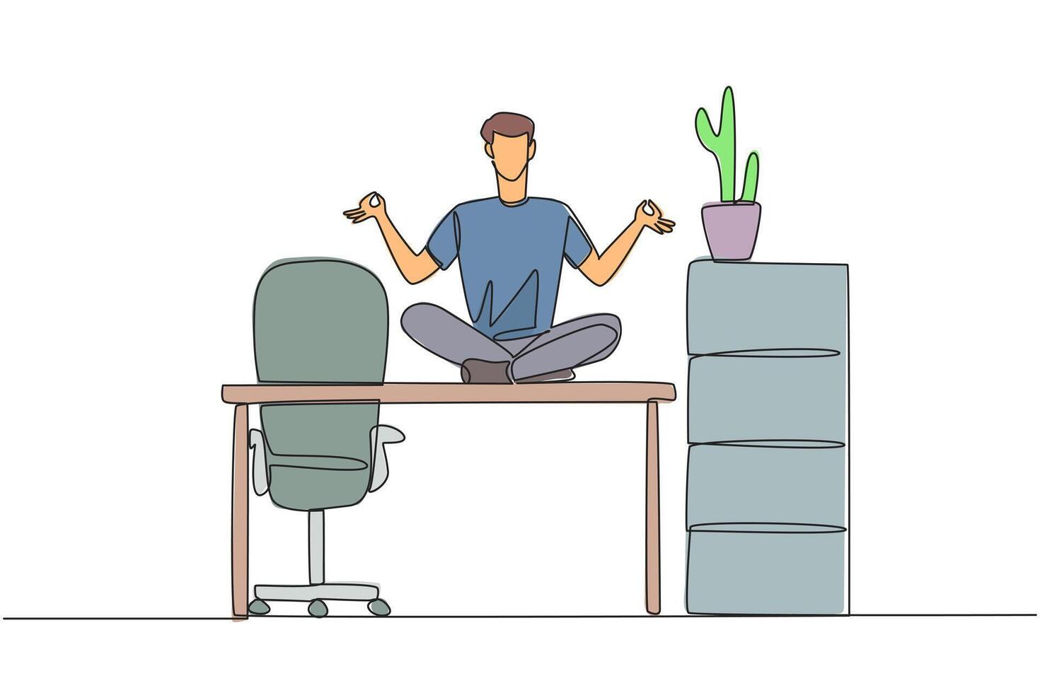 Single continuous line drawing man sitting cross-legged on a work desk. Round the fingers on both hands. Meditation to relax the mind. Work overtime on weekends. One line design illustration vector