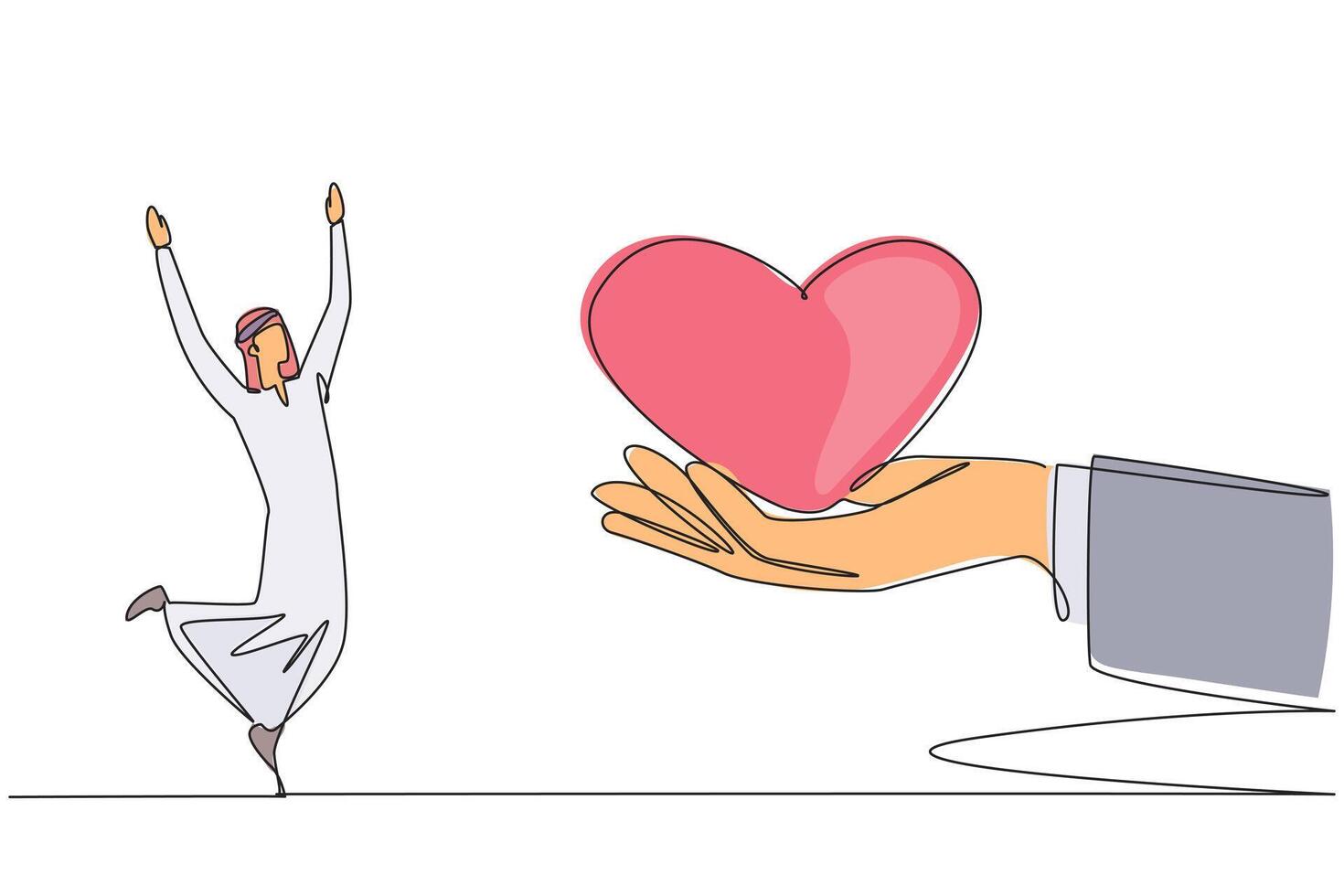 Single one line drawing young Arabian businessman is happy to get love from the giant hand. Amazing support from loved ones. Reach the peak of the career. Continuous line design graphic illustration vector