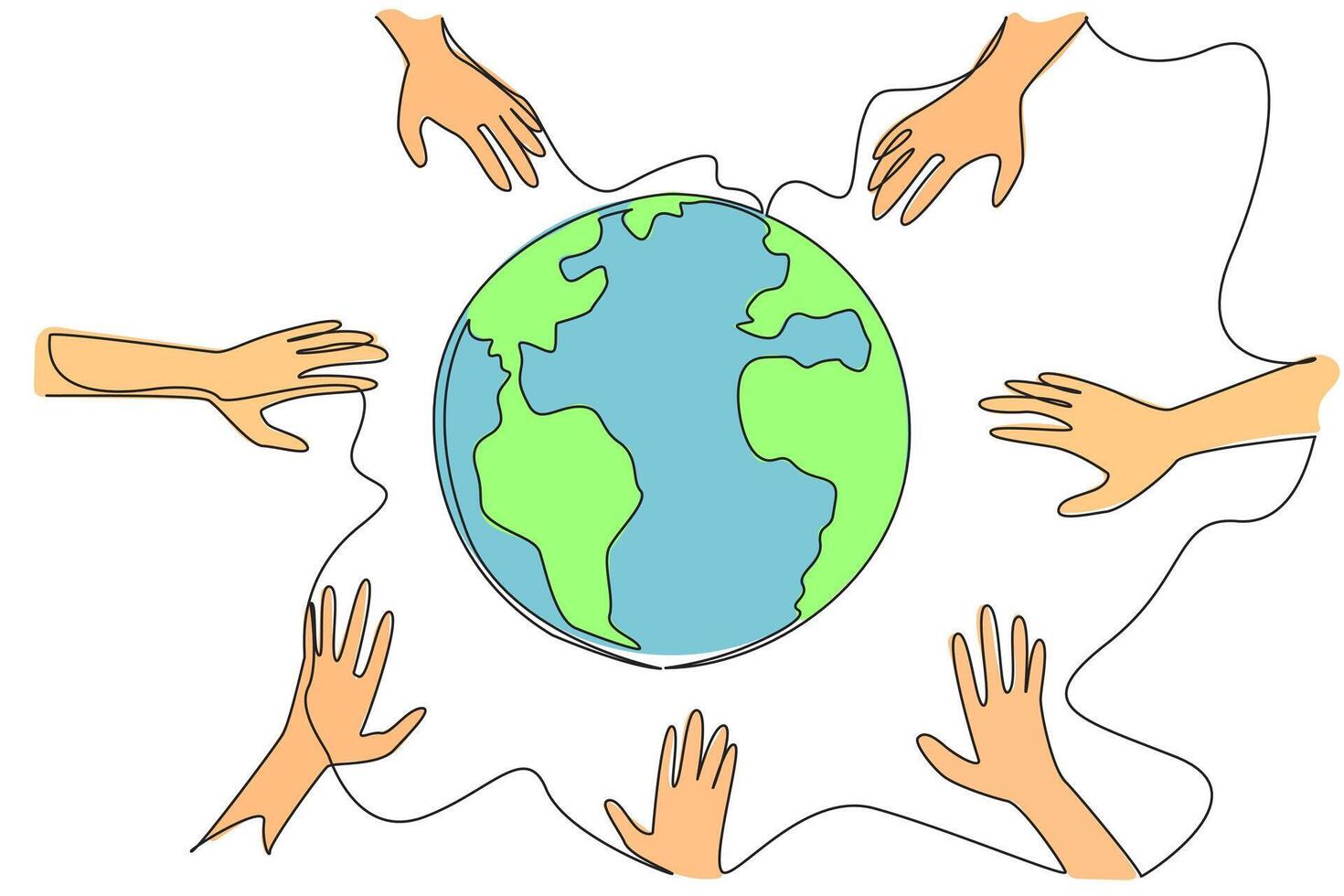 Single continuous line drawing some hands want to hold the globe. Rescue symbol. Volunteers save the earth. Plant trees. For better earth. World environment day. One line design illustration vector