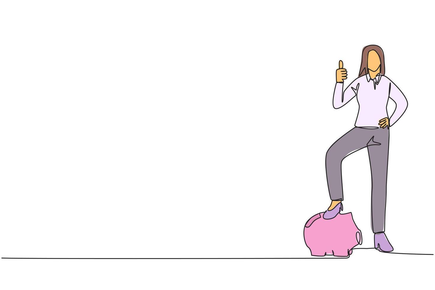 Single one line drawing businesswoman stands with thumbs up pose and steps on piggy bank with one of foot. Successful. Investment value increases rapidly. Continuous line design graphic illustration vector
