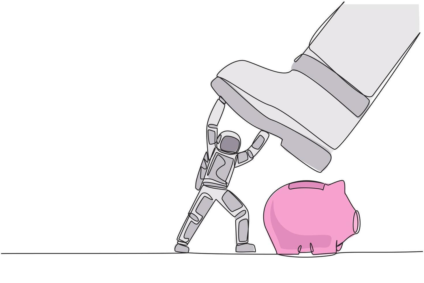 Continuous one line drawing astronaut holds back giant foot wants to step on piggy bank. Precautions not to disrupt preparations for space expeditions. Single line draw design illustration vector