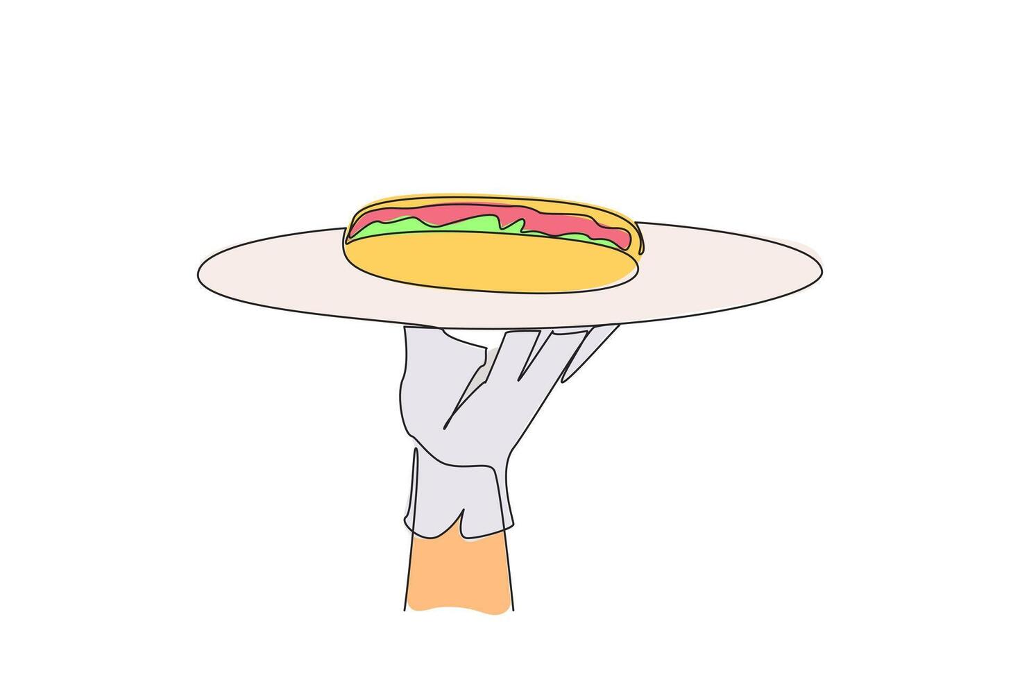 Single continuous line drawing the waiter holds food tray serving hot dog. Dish consisting of a grilled, steamed, or boiled sausage. American fast food. Junk food. One line design illustration vector