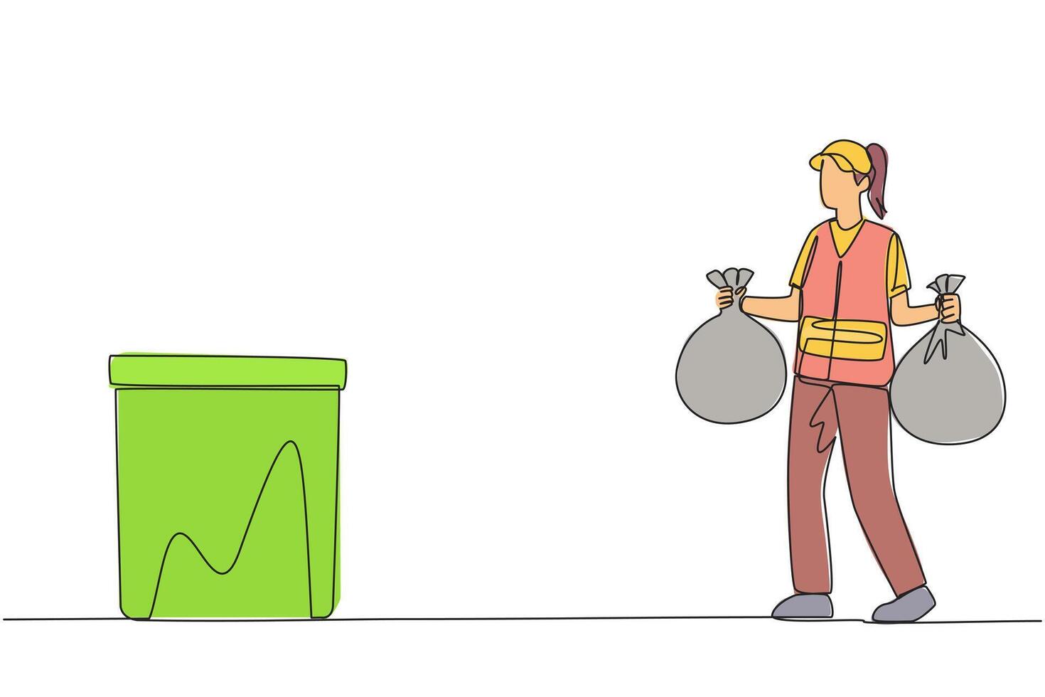 Single continuous line drawing trash woman carrying two plastic trash bags. Bring household rubbish to throw in the rubbish bin. Consciously maintain cleanliness. One line design illustration vector